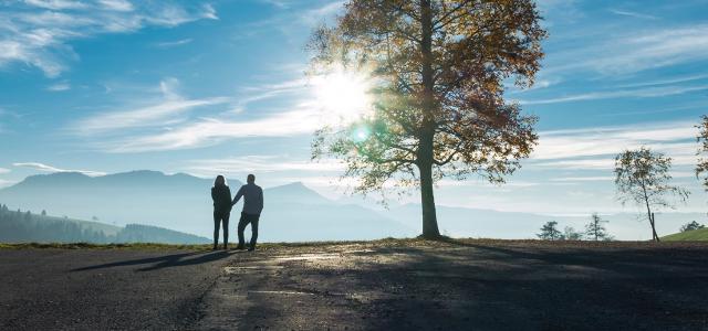 Silhouette of couple looking over mountain valley